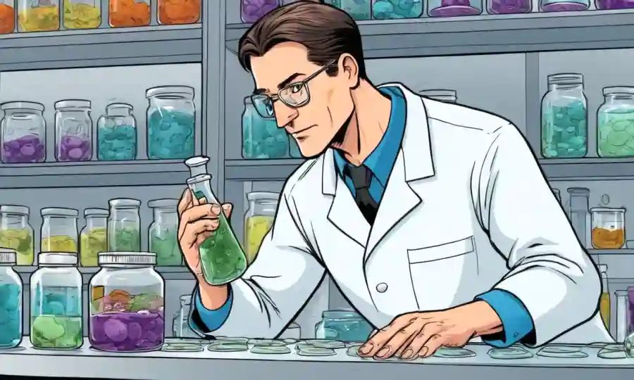 Scientist analyzing petri bars of fermenting substances in a laboratory setting.