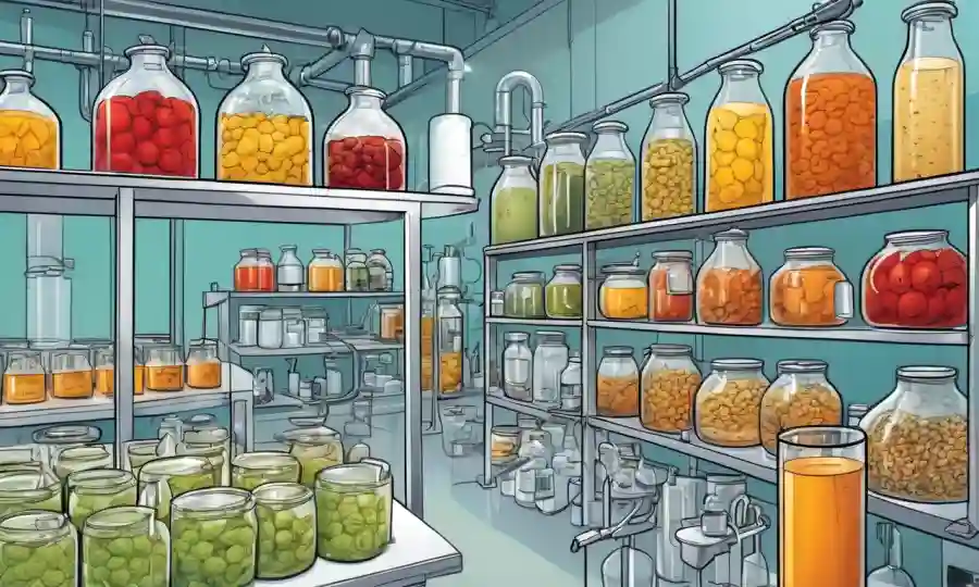 Ilustraciones científicas de procesos de fermentación sobre productos alimenticios en laboratorio.