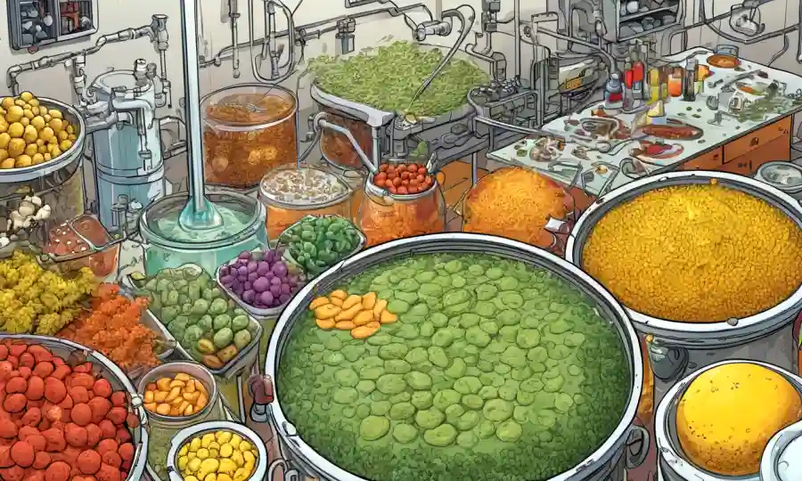 Ilustraciones científicas de microorganismos rodeados de procesos de fermentación alimentaria.