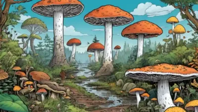 Título deslizamiento con imágenes de hongos y un fondo de ecosistema.