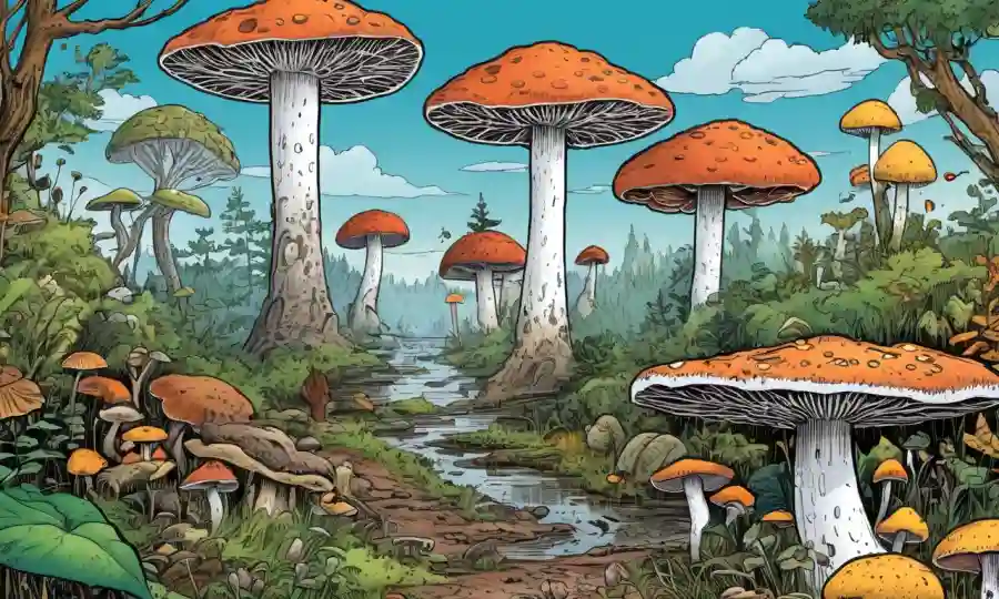 Título deslizamiento con imágenes de hongos y un fondo de ecosistema.