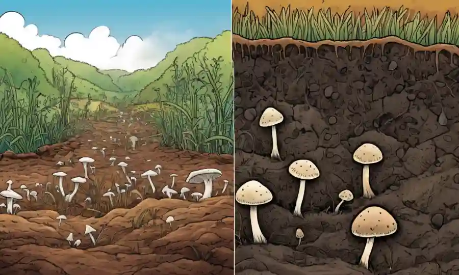 Una imagen de cerca del suelo con hongos, y una foto de fondo de la naturaleza para un documental sobre redes micorrizales.