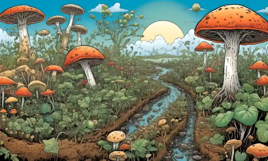Una ilustración que combina el crecimiento de plantas, hongos y elementos de calendario para representar la importancia de la aplicación micorrorizal en la agricultura.