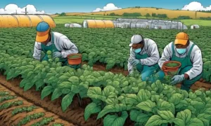 Trabajadores agrícolas que aplican soluciones microbianas a plantas durante temporadas óptimas.