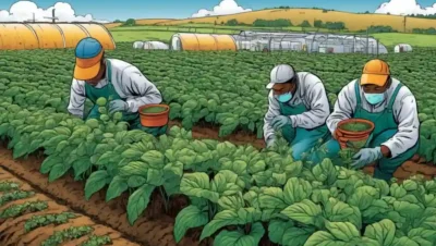 Trabajadores agrícolas que aplican soluciones microbianas a plantas durante temporadas óptimas.