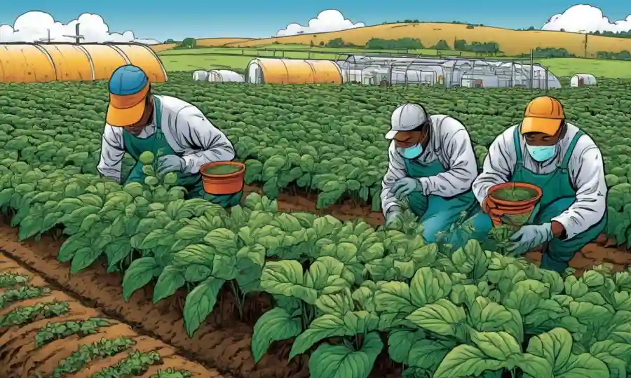 Trabajadores agrícolas que aplican soluciones microbianas a plantas durante temporadas óptimas.