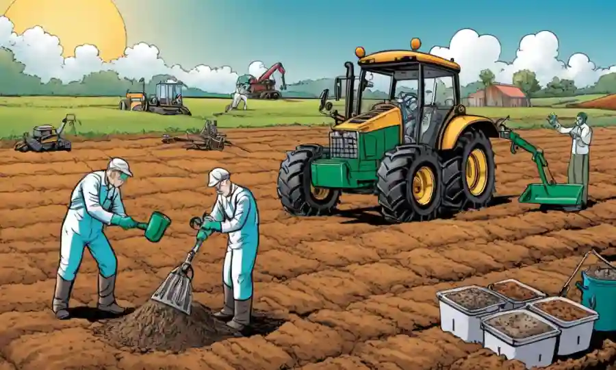 Investigadores científicos que estudian microorganismos en muestras de suelo, con equipo agrícola en el fondo.