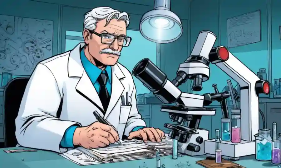 Microorganismos de observación científica bajo microscopio en medio de equipos de laboratorio y papeles con notas técnicas.