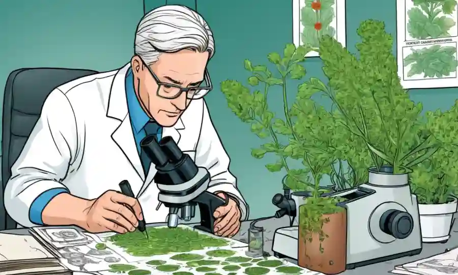 Análisis científico de muestras de plantas bajo microscopio, rodeado de diagramas de investigación endofita.