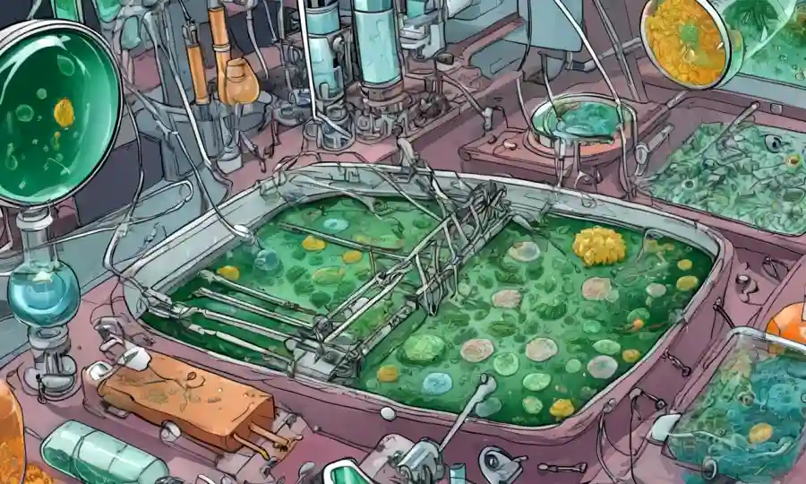 Los diagramas gráficos muestran microbios microscópicos dentro de las células vegetales rodeados de equipos de laboratorio.