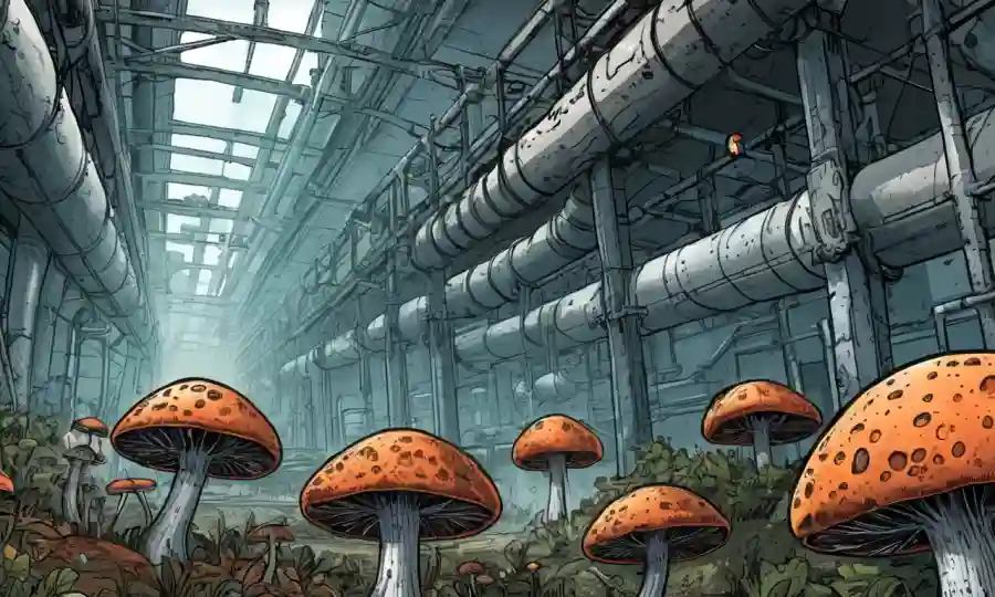Una ilustración de células o estructuras fúngicas en un entorno industrial.