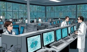 Científicos analizando secuencias de ADN en computadoras