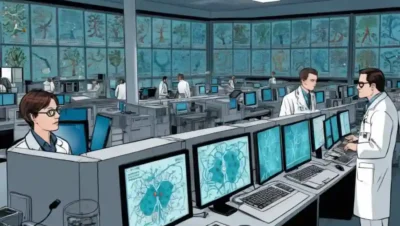 Científicos analizando secuencias de ADN en computadoras