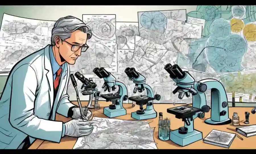 Científico examinando muestras de microscopios entre diagramas ecológicos y notas sobre una tabla.