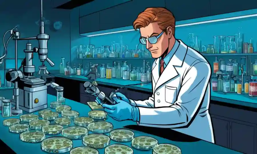 Científico mirando los platos petri o las diapositivas de microscopio en un entorno de laboratorio.