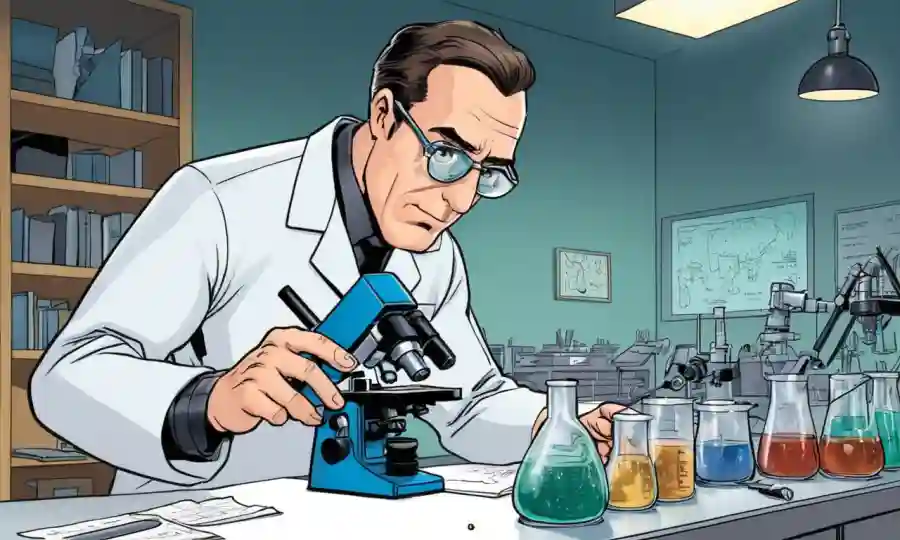 Un científico revisando notas sobre un escritorio equipado con microscopio con equipo de laboratorio en el fondo.