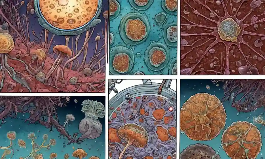 Múltiples imágenes de microscopía que muestran infecciones fúngicas, junto con el equipo médico relevante.