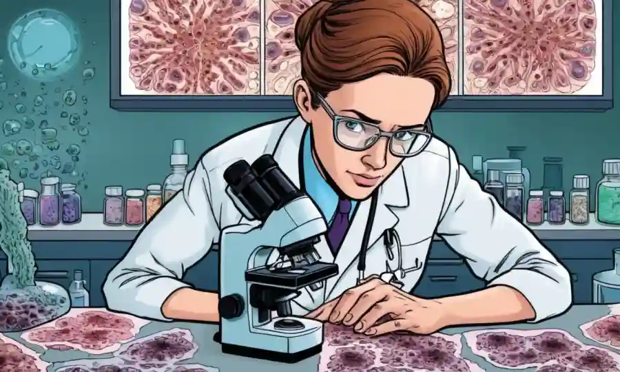 Un profesional médico mirando las diapositivas bajo un microscopio con múltiples culturas fúngicas en el fondo.