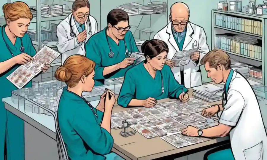 Técnicos de laboratorio analizando platos de petri y diapositivas de microscopía bajo iluminación brillante.