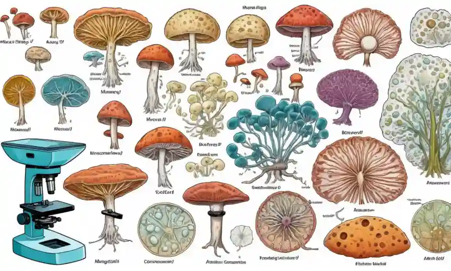 Imágenes microscopio de hongos junto a diagramas que ilustran diversas técnicas de microscopía.