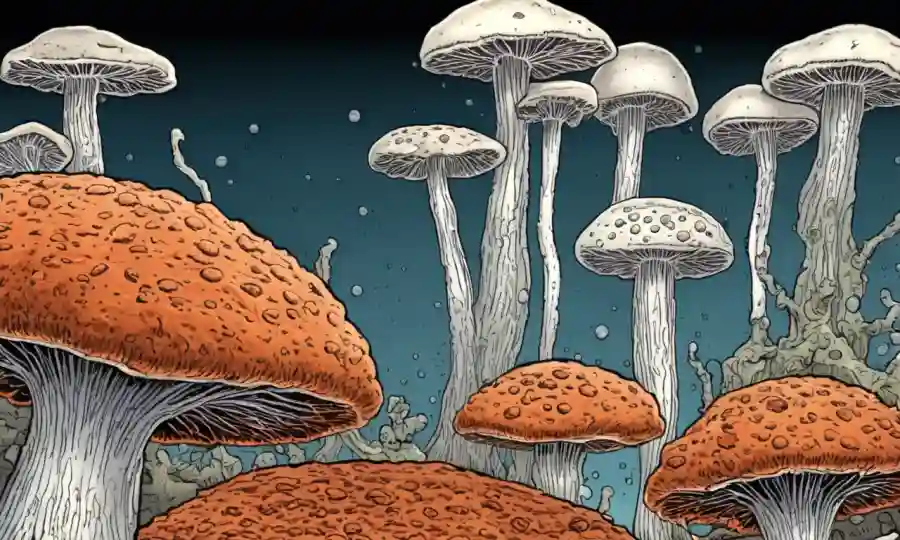 Una diapositiva microscópica de hongos bajo un microscopio anticuado con una lente de aumento.