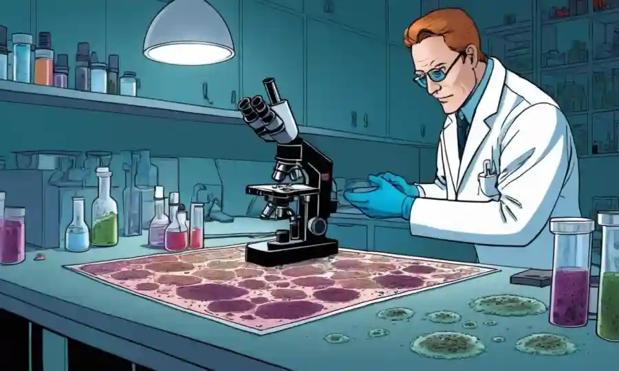Microbiólogo examinando muestras de hongos bajo un microscopio en un entorno de laboratorio.