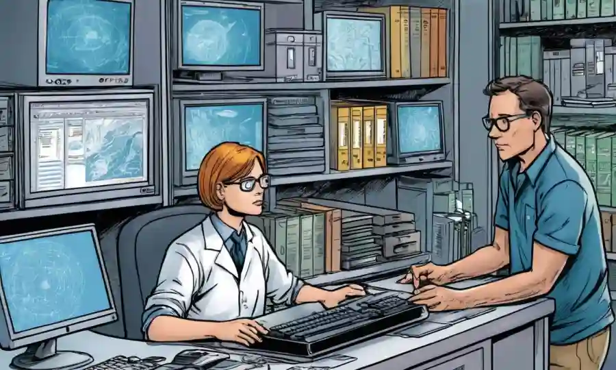 Un investigador que recopila datos secundarios de varias fuentes como computadoras y archivos.