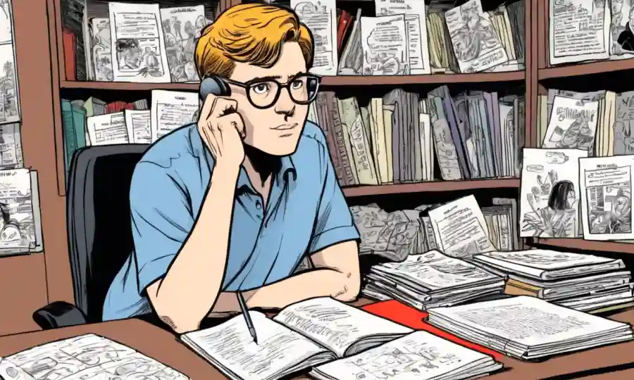 Entrevista individual o periodismo rodeado de notas de investigación y libros de fondo.