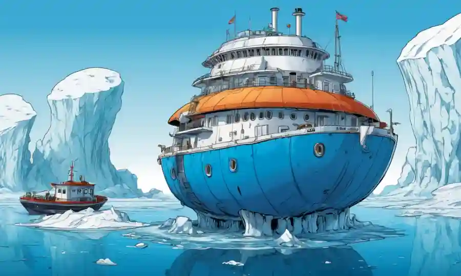 Un barco de transporte de agua en forma de hongos en medio de un nivel de mar creciente y derretir icebergs.