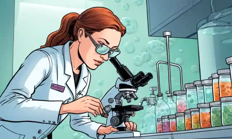 Un investigador de laboratorio que examina los platos petri de muestras de hongos endofiticos bajo microscopios.