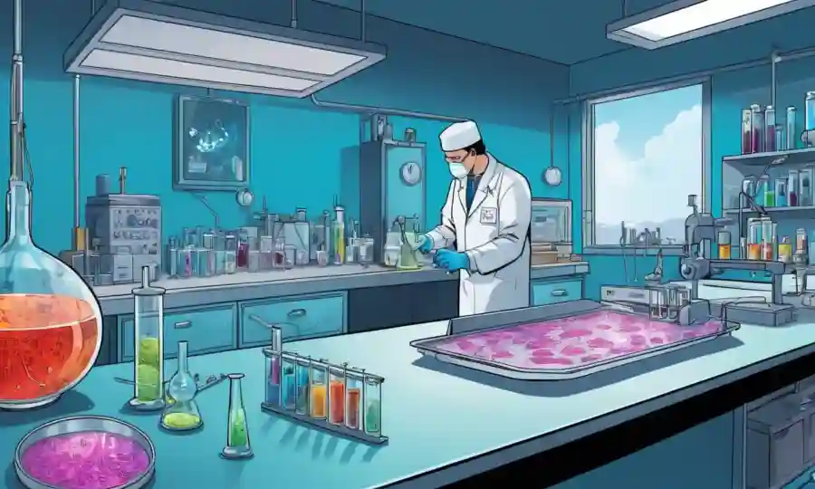 Escena de laboratorio de microbiología con platos petri y equipo científico.