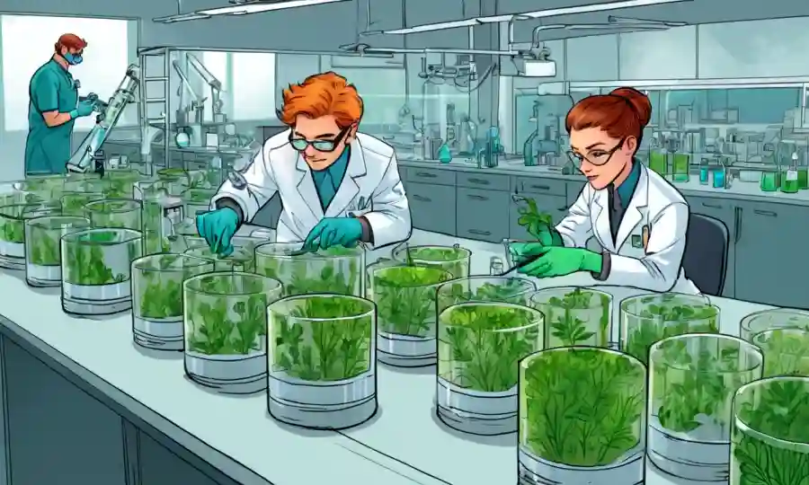Científicos de laboratorio realizando experimentos con muestras de plantas en platos Petri.