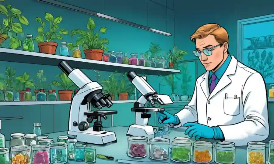 Un científico de laboratorio observando bajo un microscopio con platos petri y varias especies vegetales.