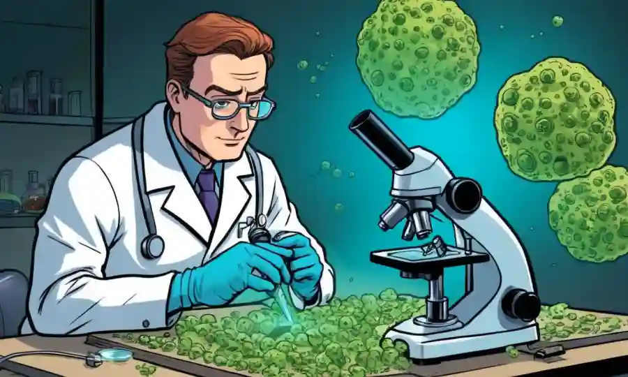 Vista microscópica de esporas en un plato de petri, con científico en el fondo trabajando en banco de laboratorio.