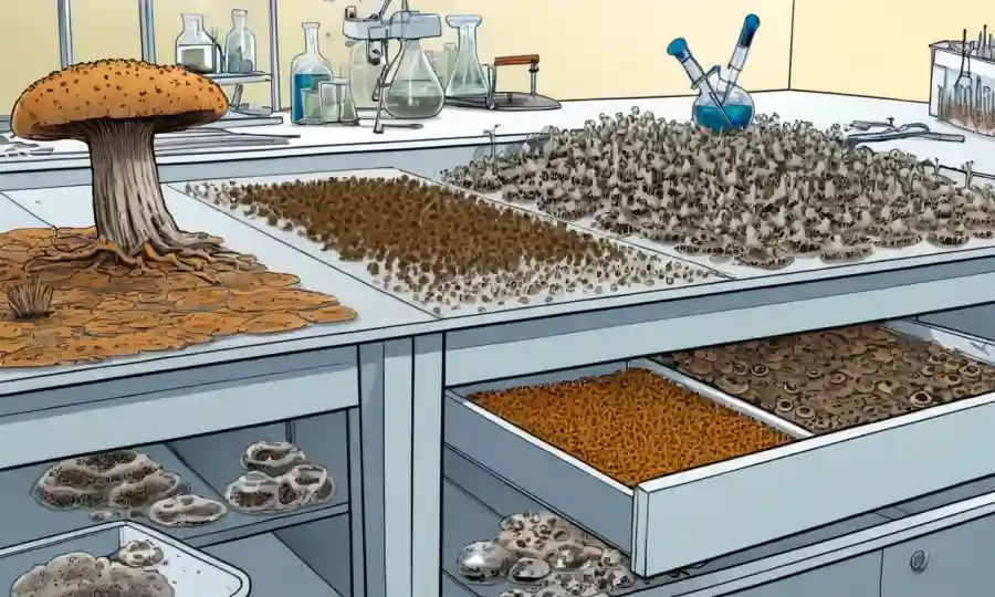 Esporas de hongos que se recogen de varias maneras en un banco de laboratorio.