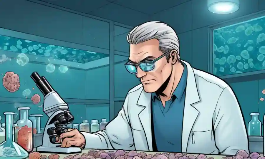 Microbiólogo observando diapositivas de microscopio con esporas fúngicas en un entorno de laboratorio.