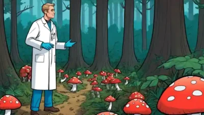 Alguien usando guantes y un abrigo de laboratorio que recoge hongos en un bosque.