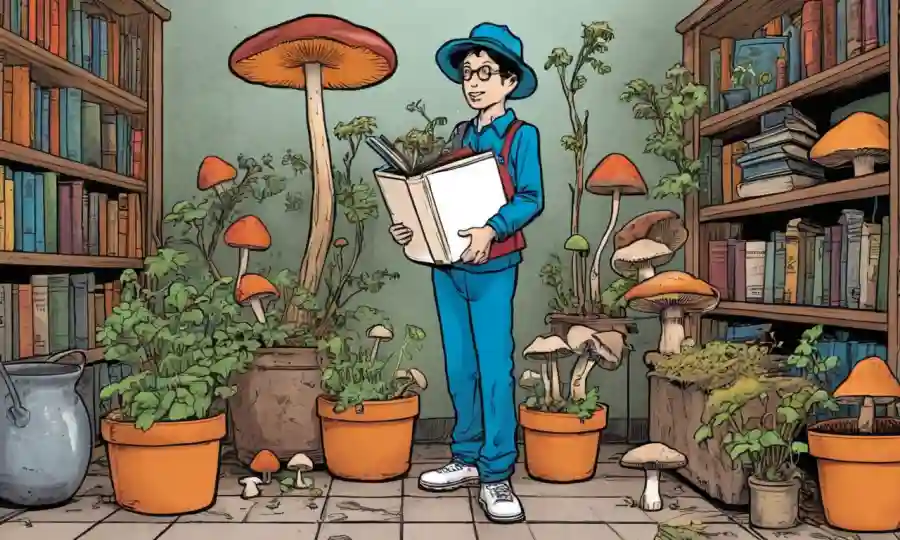 Una persona de pie delante de una olla con hongos y libros.