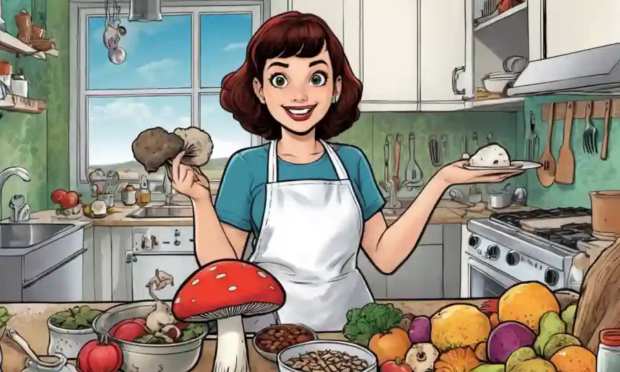 Persona sosteniendo un hongo delante de un fondo de cocina con diversos utensilios e ingredientes.