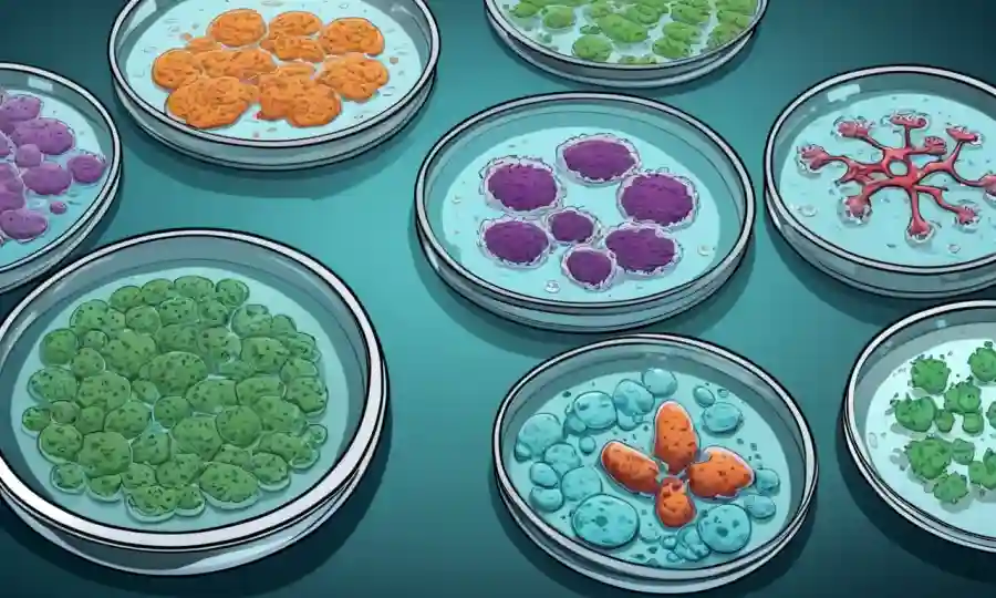 Cultivos de hongos creciendo en platos de petri en una mesa de laboratorio.