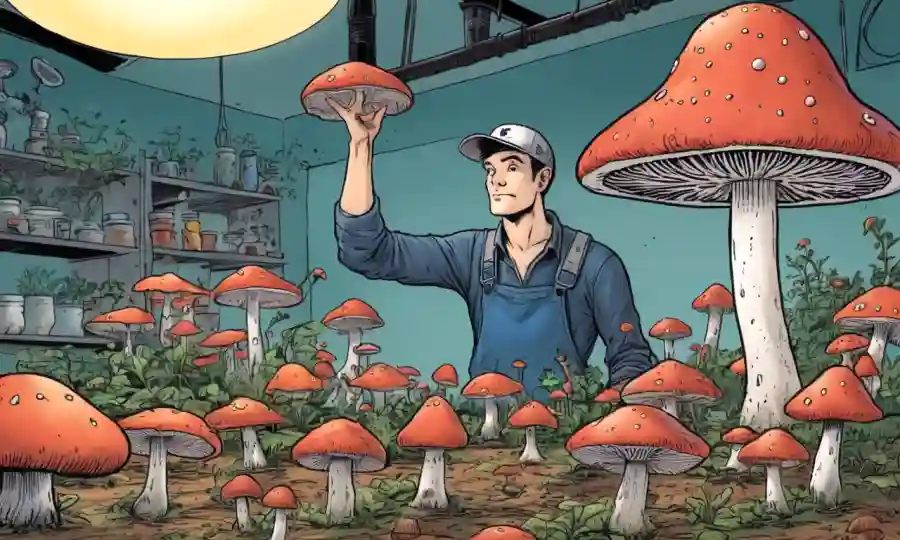 Una persona que sostiene una gorra de hongos en medio de una mesa llena de equipo y esporas de cultivo de hongos.