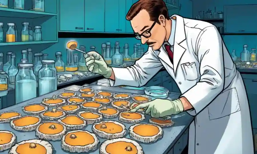 Científico en un laboratorio examinando setas en placas de agar.
