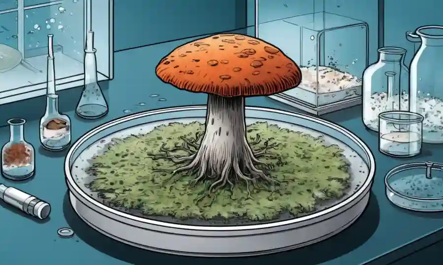 Micelio de seta creciendo en un plato de petri de laboratorio con equipos científicos.