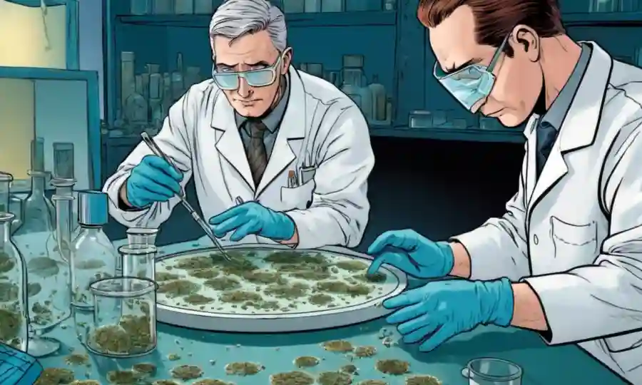 Los científicos dan sustrato cuidadosamente inoculado con esporas fúngicas en un entorno de laboratorio.