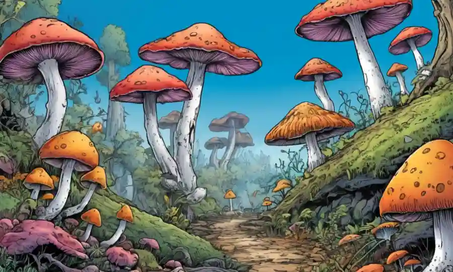 Cerrar estructuras de hongos coloridos con entornos naturales que se desvanecen en el fondo.