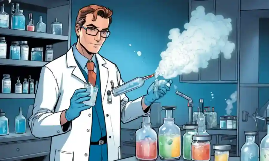 Científico sosteniendo un recipiente de muestra con hielo o nitrógeno líquido, rodeado de equipos de laboratorio.