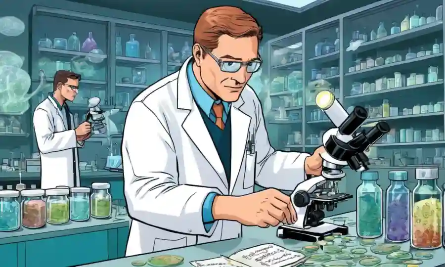 Científicos trabajando en un laboratorio en medio de platos petri que contienen diversas culturas fúngicas con microscopio y notas.