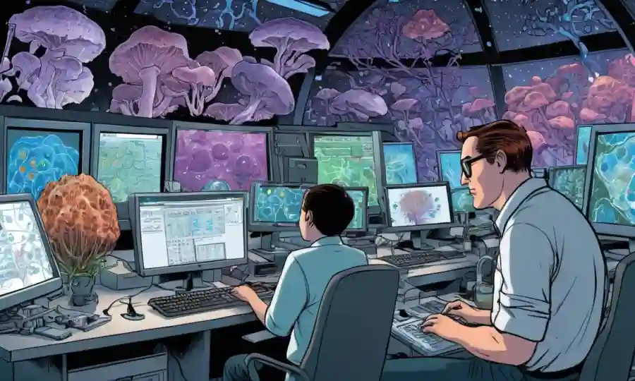 Investigadores científicos analizando múltiples conjuntos de datos en computadoras con organismos fungosos en el fondo.