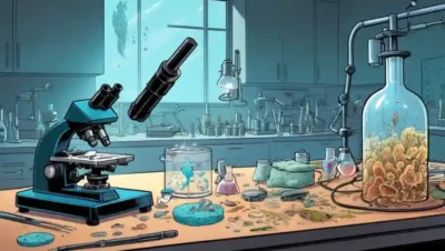 Microscopios y especímenes de hongos en una mesa de laboratorio
