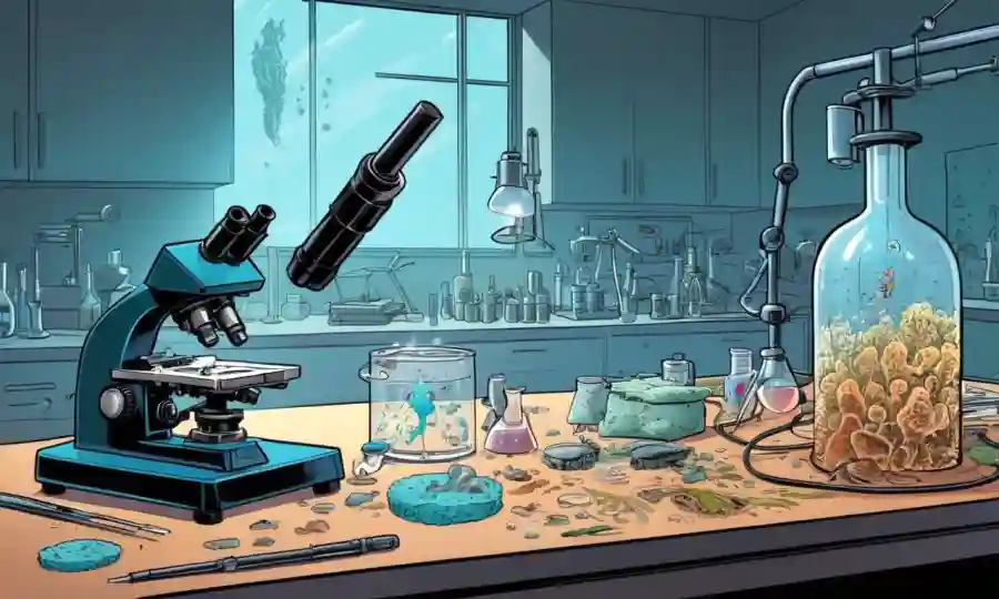 Microscopios y especímenes de hongos en una mesa de laboratorio